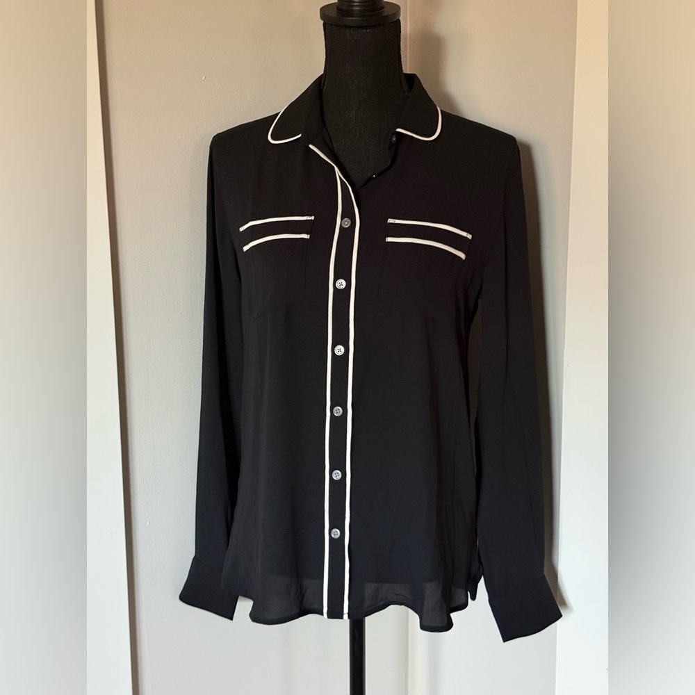 Loft Black Blouse with White trim detail - Size Small